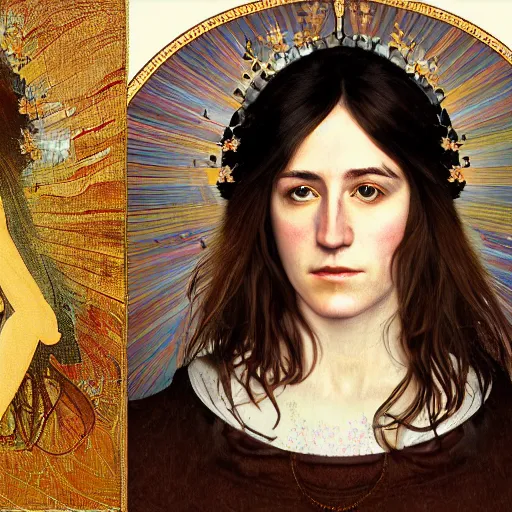 Image similar to portrait of charlotte gainsbourg as joan of arc, hyperreal digital painting, iconography influenced by alphonse mucha and eugene delacroix, arstation and deviantart trends, high resolution 8 k