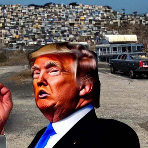 Image similar to donald trump living in a shanty town, detailed face