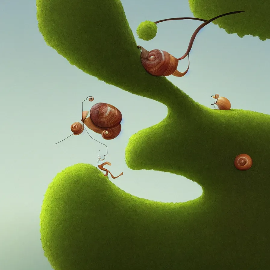 Prompt: A snail climbing the highest green branch of the entire bonnet, ilustration art by Goro Fujita, concept art, smooth, sharp focus, ArtStation