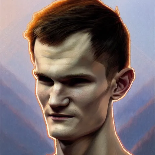 Image similar to Portrait of Vitalik Buterin as the gigachad, highly detailed, digital painting, artstation, concept art, matte, sharp focus, illustration, art by Artgerm and Greg Rutkowski and Alphonse Mucha, portrait