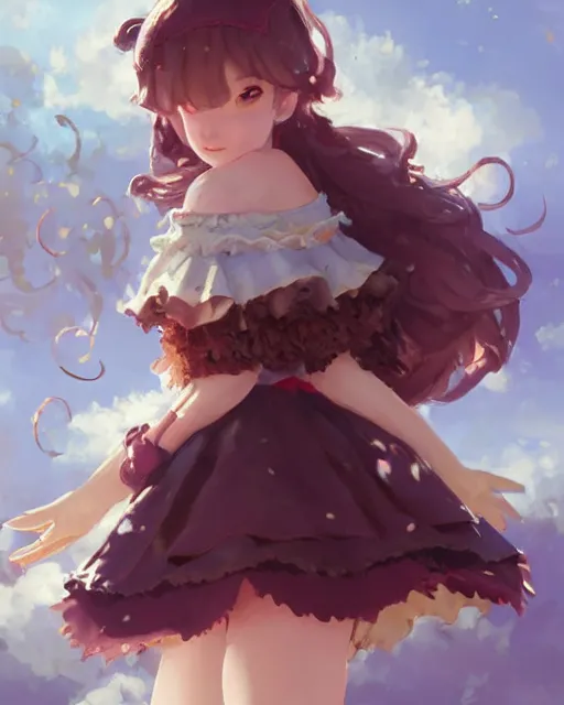 Prompt: a girl as personification of chocolate cupcake, fantasy bakery, digital art by krenz cushart, laurie greasly, intricate details, sharp focus, smooth, epic composition, joyful, unreal engine