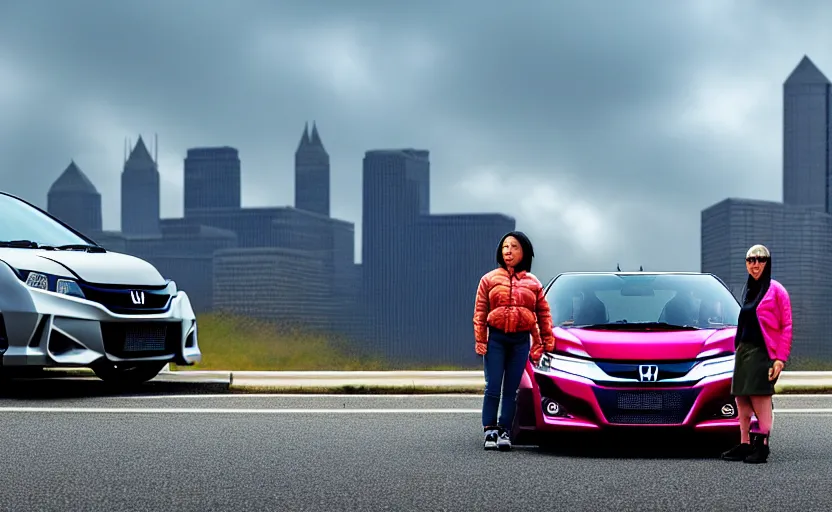Prompt: photograph of a cell-shaded Honda EK9 Type-R next to a techwear woman standing looking off into the distance, on an Ohio road with a futuristic city in the horizon, one point perspective, 1-point perspective, tilt shift, sigma 85mm f/1.4, 4k, depth of field, high resolution, 4k, 8k, hd, full color, trending on artstation
