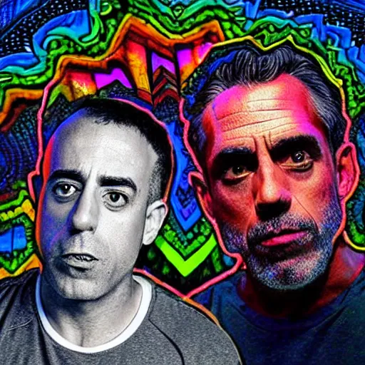 Image similar to “ joe rogan smoking dmt with jordan peterson, vivid, psychedelic, photorealistic ”