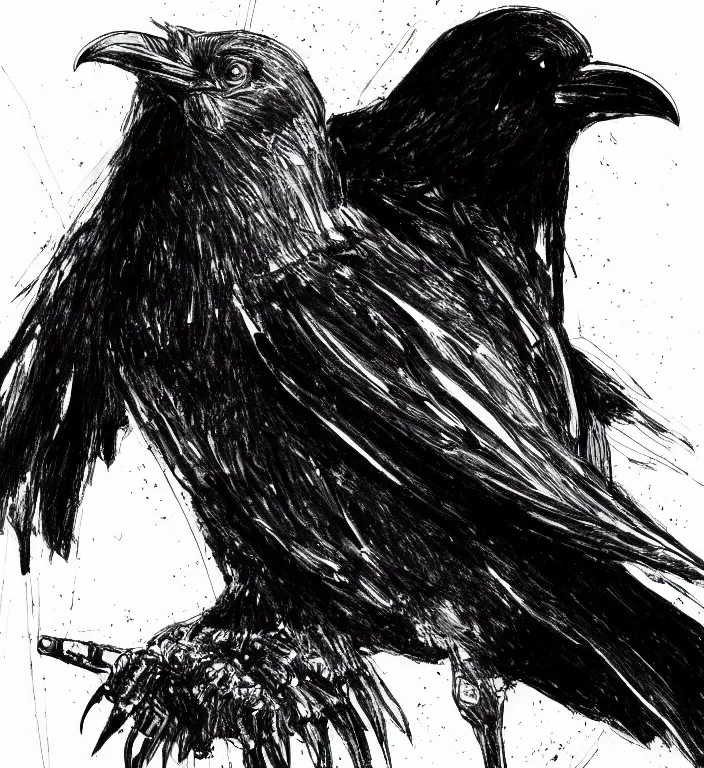 Prompt: beautiful aesthetic inspirational masterful professional ink pen liner sketch of a raven bird posing, marvel style, concept art, fine details, trending on artstation, high quality paper, instagram photo