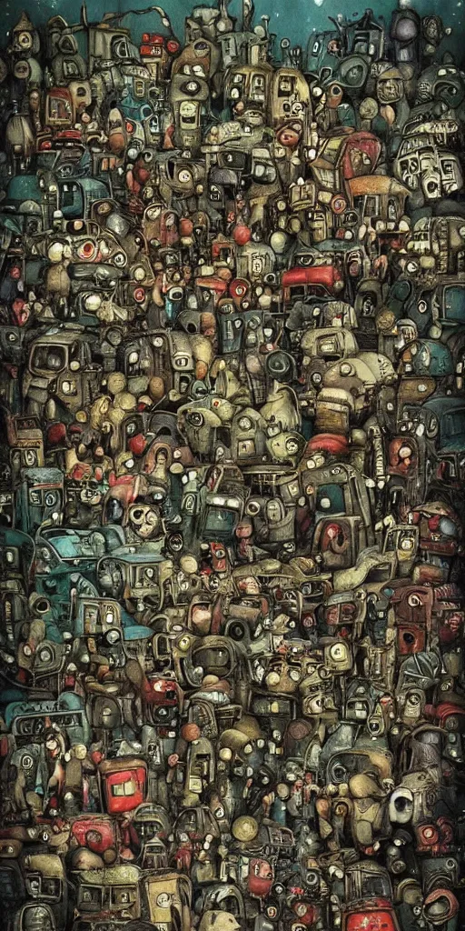 Image similar to a junkyard scene by alexander jansson and where's waldo