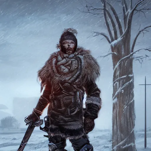 Image similar to A comic book style portrait painting of a male modern warrior in a a post apocalyptic winter landscape, unreal 5, DAZ, hyperrealistic, octane render, RPG portrait, ambient light, dynamic lighting