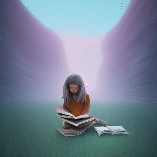 Image similar to a girl reading a book, her hair flowing down, surreal photography, digital painting, artstation, simon stalenhag