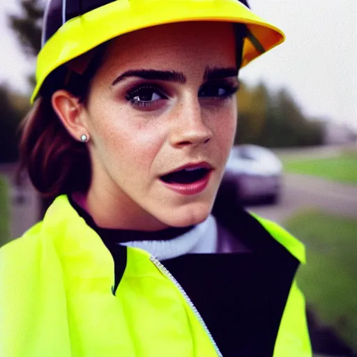 Image similar to photo, close up, emma watson in a hi vis vest, chewing tobacco, portrait, kodak gold 2 0 0,