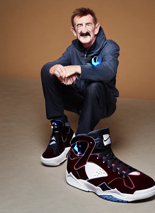 Prompt: Nike executive creative director Barry Chuckle models the new Air Jordan 734. An exquisite high top sneaker with the classic Jordan elephant print leather and a unique one piece air bubble. Hi Res digital photograph 2347