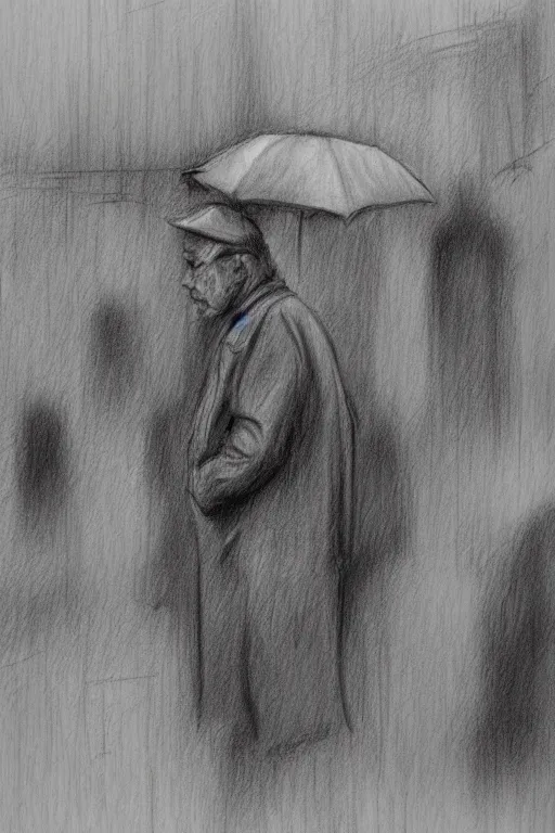 Prompt: a painted sad man standing in the rain with a crowd bustling around him. pencil sketch.