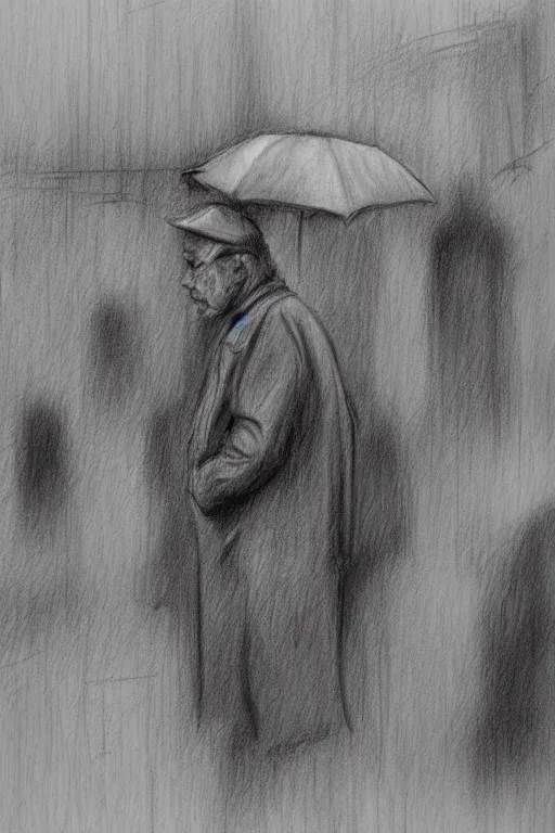 Pencil Drawing Of Sad Anime Boy In The Rain