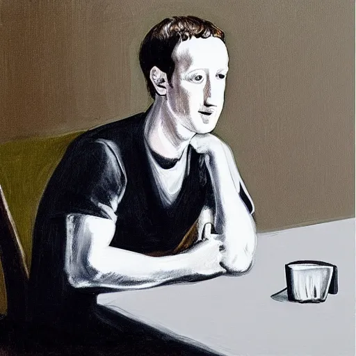 Image similar to mark zuckerberg alone sitting on a chair in the dark, paint by caravaggio, chiaroscuro