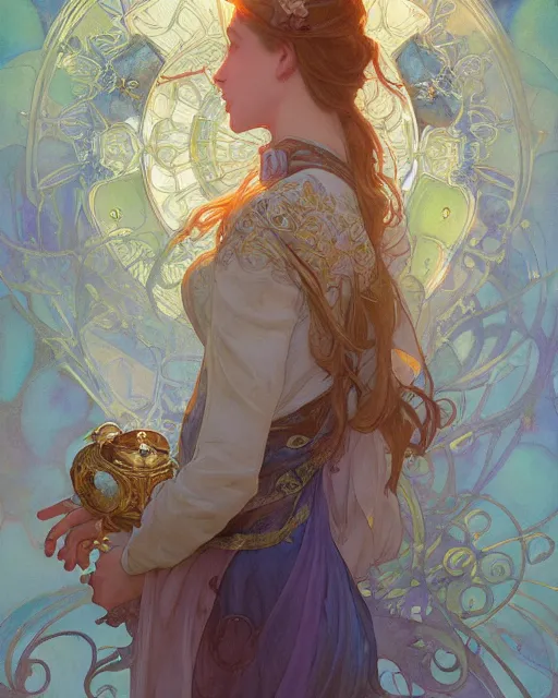 Image similar to secret romance, highly detailed, gold filigree, romantic storybook fantasy, soft cinematic lighting, award, disney concept art watercolor illustration by mandy jurgens and alphonse mucha and alena aenami, pastel color palette, featured on artstation