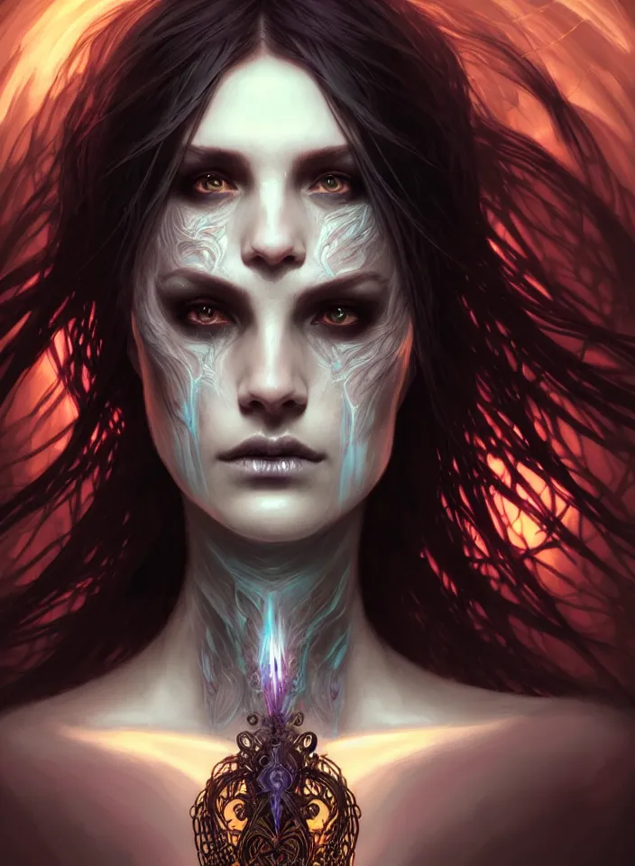 Prompt: Necromancer Sorceress face macro in center, fantasy magic, undercut hairstyle, dark light night, intricate, elegant, sharp focus, illustration, highly detailed, digital painting, concept art, matte, art by WLOP and Artgerm and Greg Rutkowski and Alphonse Mucha, masterpiece