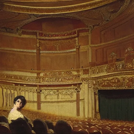 Image similar to an actress on stage in an old theater. she has only a single visitor in the audience, by alfred stevens