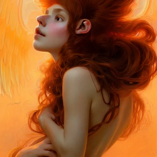 Prompt: Portrait of a girl angel with pale orange colored fuzzy frizzy hair, cat ears on her head, glowing halo, wings on her back, fantasy, intricate, elegant, highly detailed, digital painting, artstation, concept art, smooth, sharp focus, illustration, art by Krenz Cushart and Artem Demura and alphonse mucha