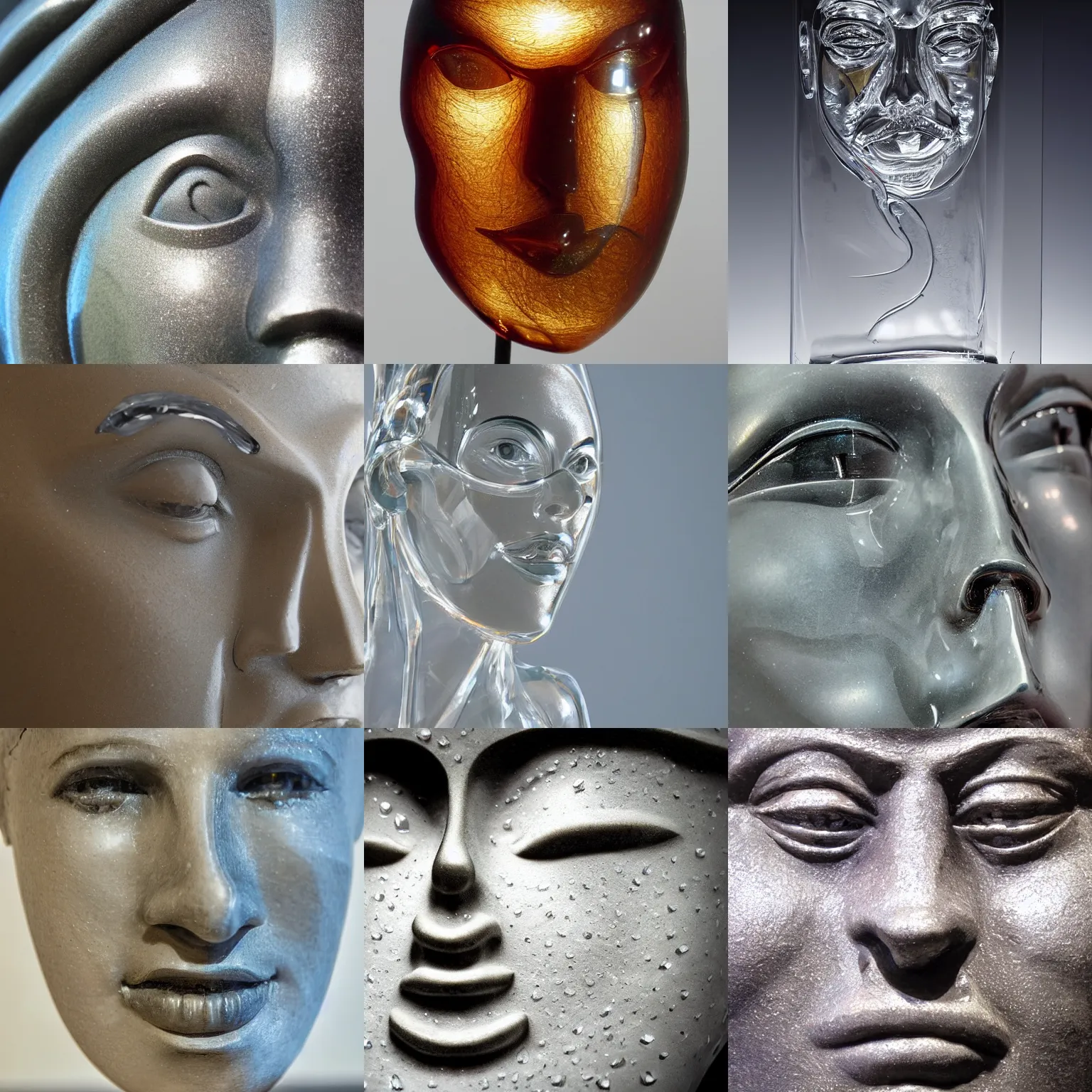 Prompt: a glass sculpture close up of a face, high detail, award winning