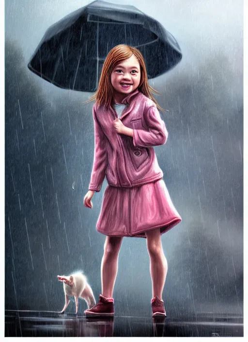 Prompt: a little girl stands outside in glee while it is literally raining cats and dogs, diffuse lighting, detailed face, fantasy, intricate, surrealism!!!!, highly detailed, lifelike, photorealistic, digital painting, artstation, illustration, concept art, smooth, sharp focus,