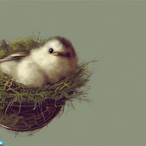 Image similar to long shot of a very fluffy sparrow chick nesting in a floral cup, esao andrews, by m. w. kaluta, humorous illustration, hyperrealistic, tilt shift, warm colors, night scenery, low light, 3 d octane render, 4 k, volumetric lights, smooth, cosy atmosphere, conceptart, hyperdetailed, trending on deviantart