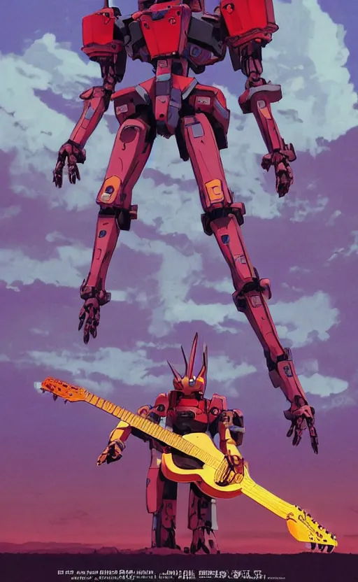 Image similar to movie poster of huge mecha plays a guitar, in the style of < neon genesis evangelion >, 3 d anime, arcane style, retropunk, steampunk, high resolution, 4 k, retrofuturism, by yoshiyuki sadamoto and ghibli and < simon stalenhag >