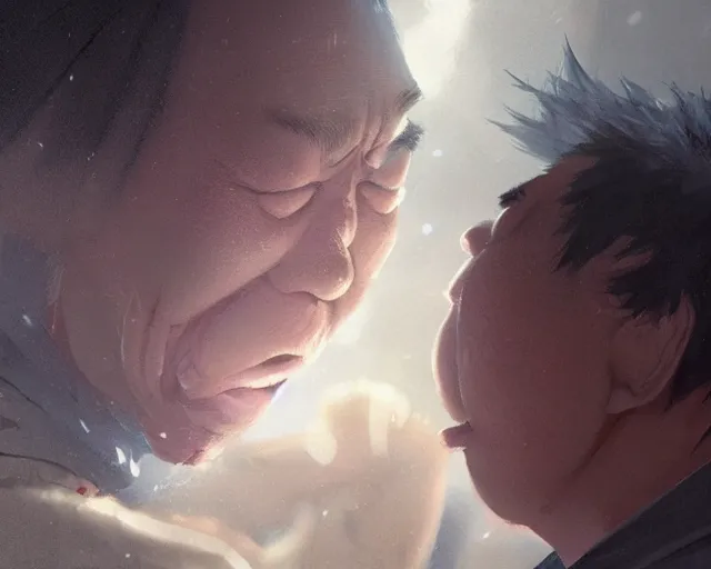 Prompt: a 50 year old brunnete chinese man with puffy cheeks bursting in tears on the floor, close up shot, anime art, Greg Rutkowski, studio ghibli, dramatic lighting