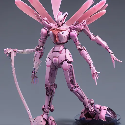 Image similar to futuristic nymphaea themed mecha waterlily upper body, flower sepals forming helmet, evangelion, nymphaea, 8 k hd resolution, barbatos gundam textured with waterlily pads, bandai box art, star wars, makoto kobayashi, frank gehry, raymond swanland