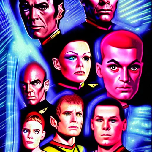 Image similar to Star Trek the next generation crew portrait, cyberpunk, synthwave, highly detailed