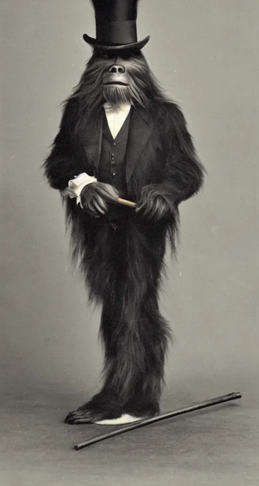 Image similar to a vintage portrait of a dignified bigfoot wearing a top hat and carrying a cane