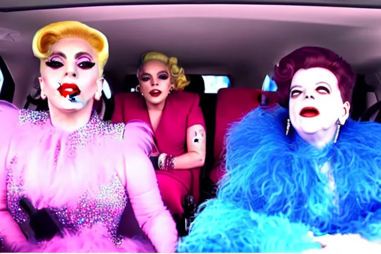 Image similar to lady gaga and judy garland doing carpool karaoke, lady gaga and judy garland, carpool karaoke, lady gaga, judy garland, carpool karaoke, youtube video screenshot, the late late show with james corden