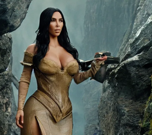 Image similar to a movie still of kim kardashian in the movie the hobbit