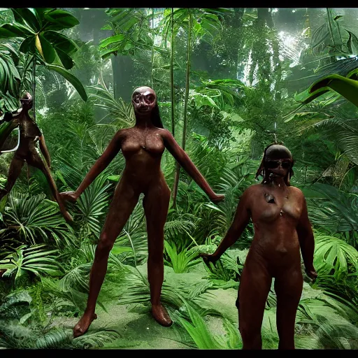 Image similar to « group persons, dark jungle, far view, unreal engine 5, highly detailed, exploring, fantasy, »