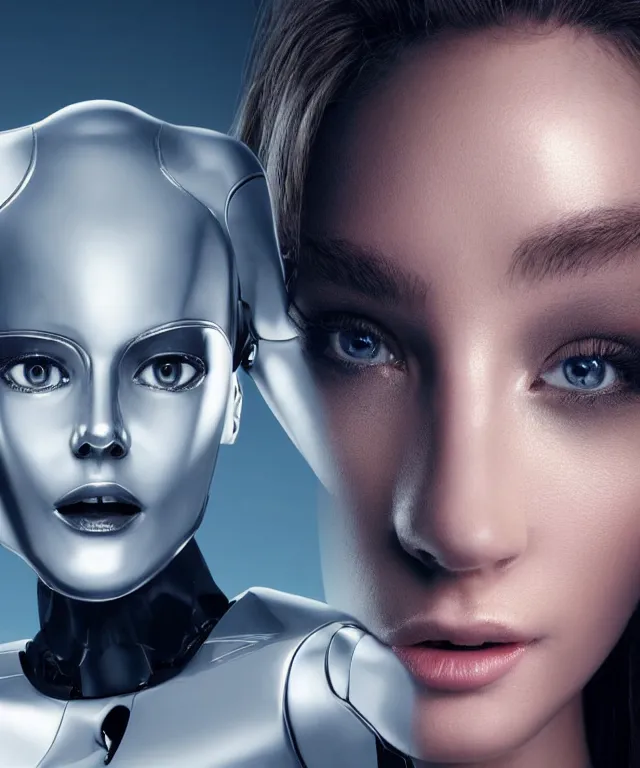 Prompt: realistic portrait of a silver robot is watching tv in front of the tv and the tv displays one victoria's secret model and the robot's face is partially morphed into an copy of the model, realistic, 4 k