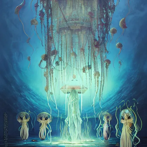 Image similar to A painting of priestesses worshipping at the jellyfish temple, shrouded in mist, jellyfish god, jellyfish priestess, jellyfish shrine maiden, 8K, illustration, art by by Alvaro Castagnet, Peter Mohrbacher and Dan Mumford, smoke, undersea temple with fish, cinematic, insanely detailed and intricate, hypermaximalist, elegant, super detailed, award-winning, magenta and crimson and cyan, rainbow accents, iridescence, bioluminescence, mysterious, ancient, ritual, trending in cgsociety, artstation HQ, ornate, elite, haunting, matte painting, beautiful detailed, insanely intricate details, dreamy and ethereal, otherworldly