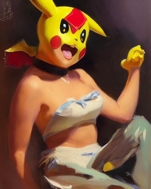 Prompt: pikachu woman painting by gaston bussiere, craig mullins, j. c. leyendecker