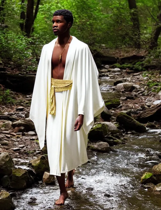 Prompt: longshot modern intricate textile ancient roman toga cloak nature african american walking along small creek river in the woods marc jacobs gucci white robes gold design