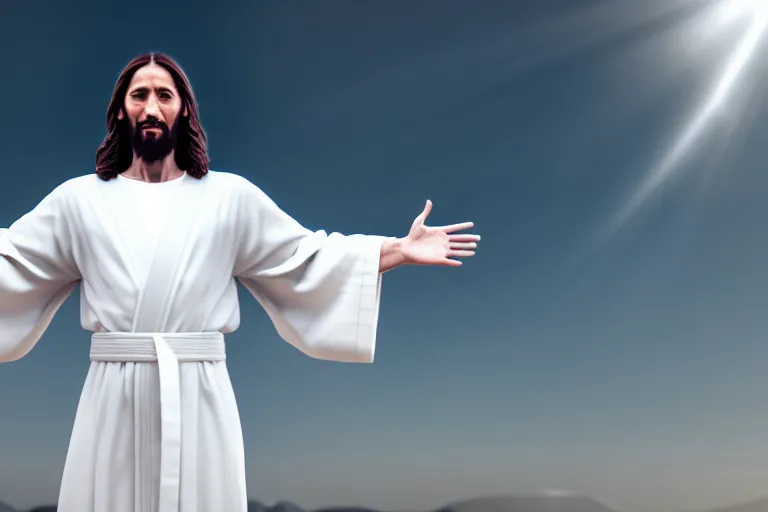 Image similar to jesus christ wearing a white robe strikes a dance pose in the apocalypse, intricate, hyper detailed, accent lighting, dramatic light, 4 k octane render