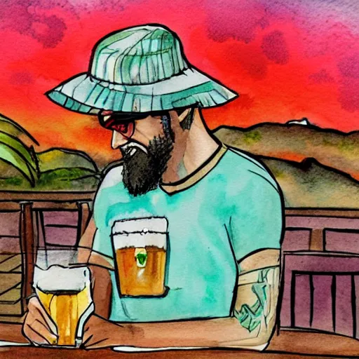 Prompt: a watercolor illustration of a tiger wearing a bucket hat and a hawaii shirt sitting at an outdoor bar drinking a beer