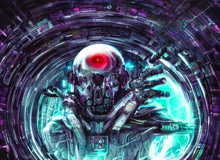 Image similar to a futuristic skull with glowing eyes and a wormhole tunnel, cyberpunk art by android jones