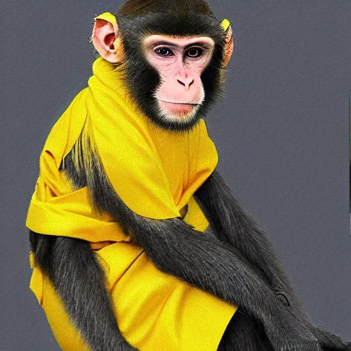 Image similar to a monkey wearing a yellow kimono, 8 k