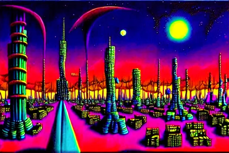 Image similar to surreal colorful nightmarish cityscape, artwork by ralph bakshi