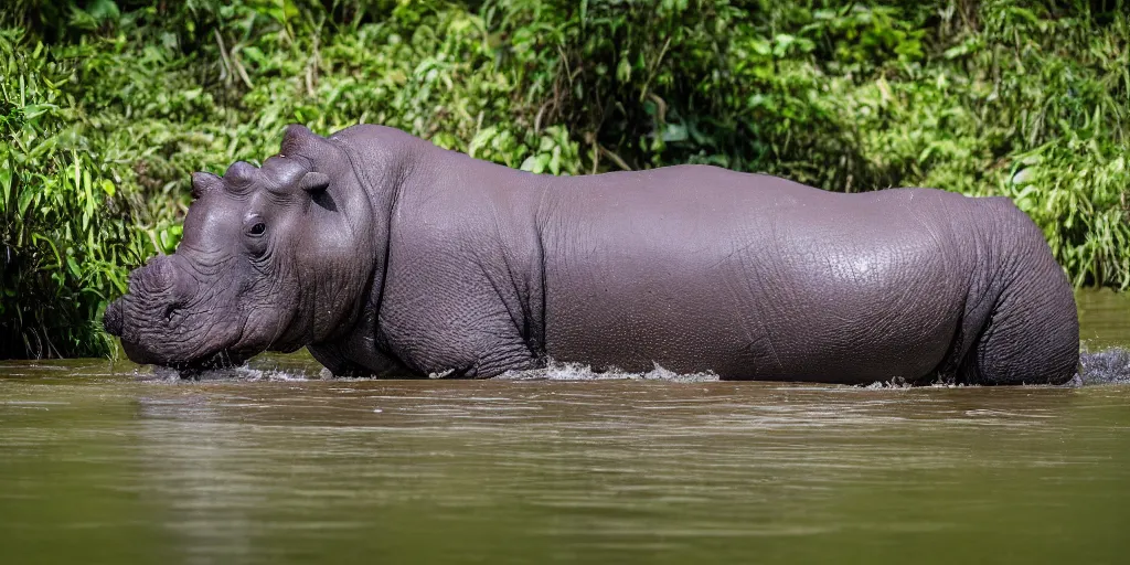 Prompt: a single hippo in a river in the jungle. the hippo has a rhino's horn and an elephant's trunk. extremely high fidelity, natural lighting