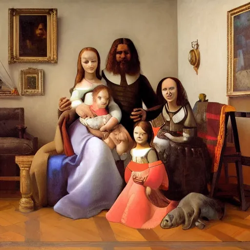Image similar to a modern family portrait, dmitry spiros, leonardo da vinci, jacques - louis david, johannes vermeer, 8 k, wide angle, trending on artstation,