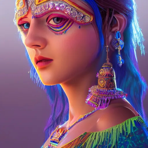 Prompt: portrait highly detailed beautiful symmetrical face high priestess water nymph intricate elegant detailed crystal jewellery with tribal feathers, lush colourful volumetric lighting, digital painting, concept art, smooth, sharp focus 3 d, divine realm of gods, realistic cinematic style, octane render, photographic, unreal engine 8 k