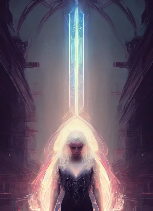 Image similar to a beautiful white haired pyromancer, intricate concept art, ethereal, ominous, mysterious, enchanted, magic, cosmic, dramatic lighting, illuminated lines, outrun, vaporware, illuminated runes, cyberpunk darksynth, dark background, 8 k, by ruan jia and krenz cushart and alphonse mucha