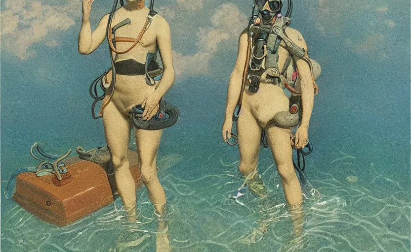 Prompt: vaporwave of 1 9 0 0's scuba diver by adolphe millot