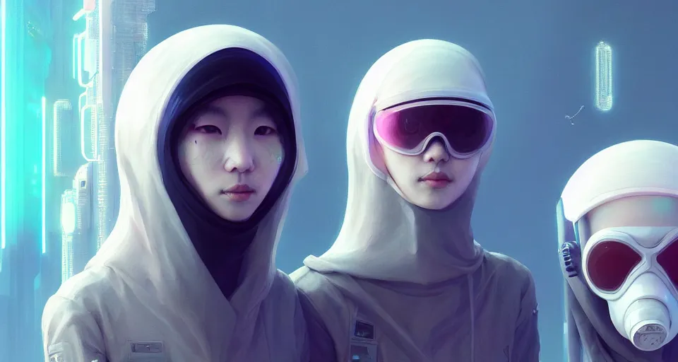 Image similar to portrait of yael shelbia and kang seul - gi, venus squid astronaut, burka, white hair, intricate design details. cyberpunk, rioter, by ruan jia and beeple. smooth gradients, deep space.