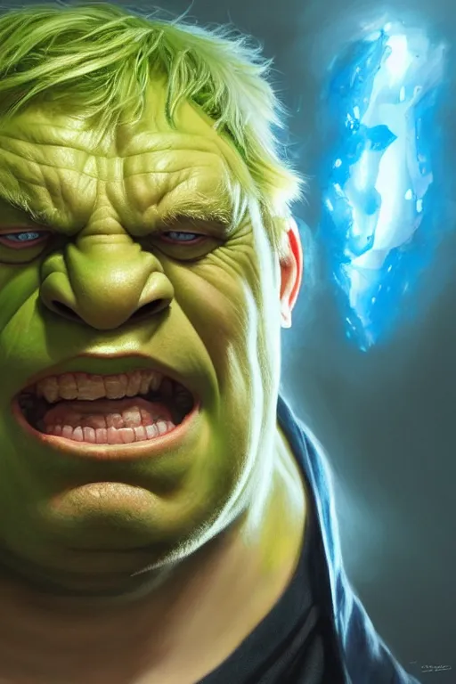 Prompt: Boris Johnson as Hulk, visible face, realistic portrait, gold and blue, highly detailed, digital painting, artstation, concept art, smooth, sharp focus, illustration, cinematic lighting, art by artgerm and greg rutkowski and alphonse mucha