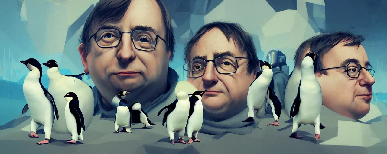 Image similar to duotone abstrac tconcept illustration 3 / 4 portrait of linus torvalds with penguins in the background. cinematic scene. vlumetric lighting. golden rario accidental renaissance. by sachin teng and sergey kolesov and ruan jia and heng z. graffiti art, scifi, fantasy, hyper detailed. octane render. concept art. trending on artstation