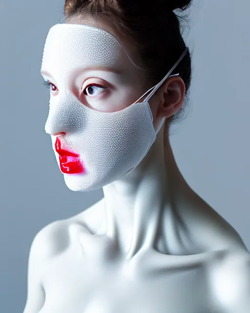 Prompt: portrait of a woman wearing a white translucent silicone mask and white red frizzy hair buns, wearing a silicone white bodysuit, white background, soft diffused light, biotechnology, kinetic sculpture, humanoide robot, translucent, intricate details, highly detailed, highly complex masterpiece