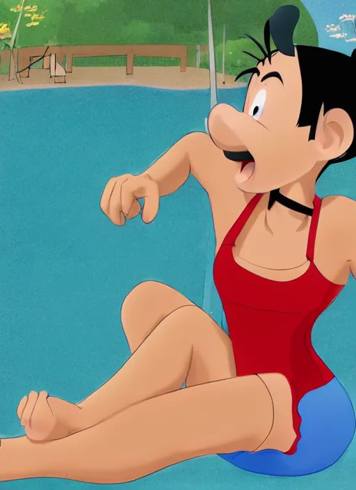 Image similar to a perfect professional digital sketch of a funny and cute Japanese young woman wearing one-piece sport swimsuit leotard, in style of Disney Pixar, CalArts